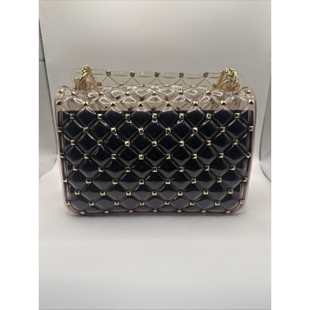 Clear Quilted Rockstud Shoulder Bag Gold Chain Strap PVC Transparent Black Pouch - Picture 3 of 9